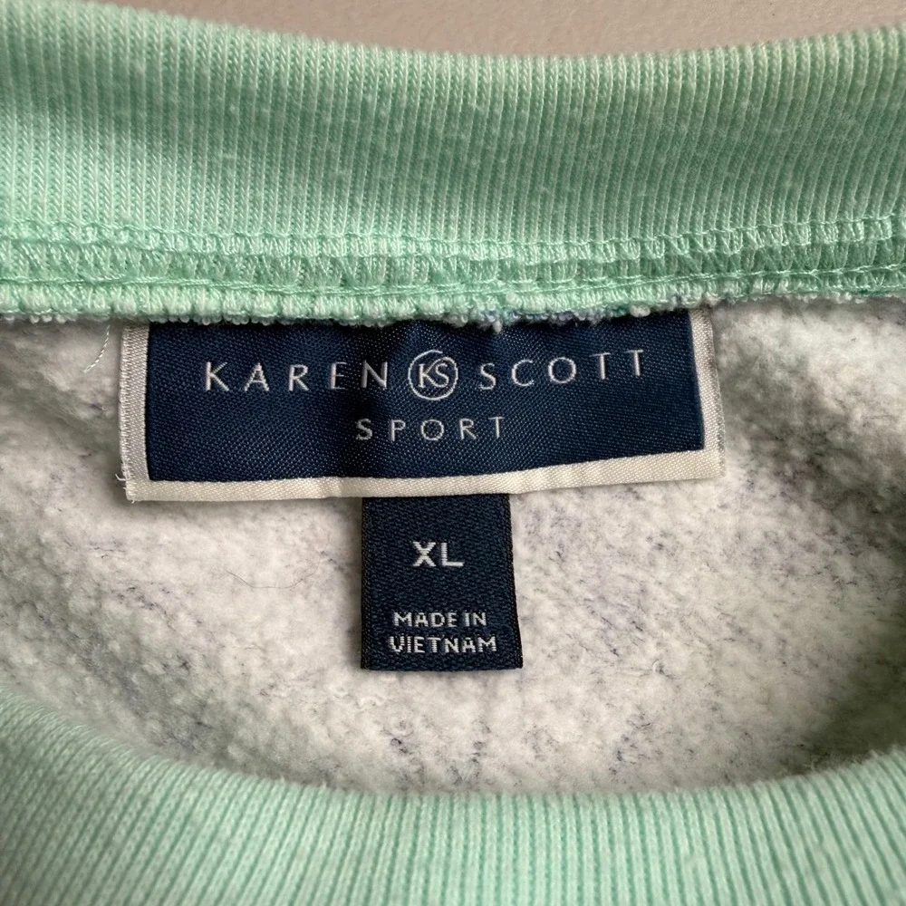 Karen Scott Sport Floral Sweatshirt Women XL Mint Green Purple Crewneck Pullover - Picture 3 of 8
